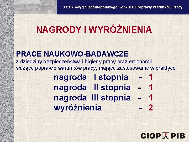 XXXV edycja Ogólnopolskiego Konkursu Poprawy Warunków Pracy XXXIX edycja Ogólnopolskiego Konkursu Poprawy Warunków Pracy