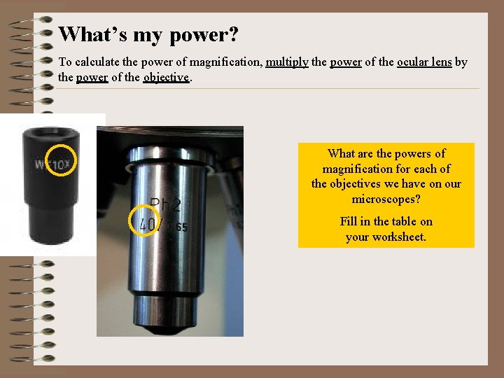What’s my power? To calculate the power of magnification, multiply the power of the