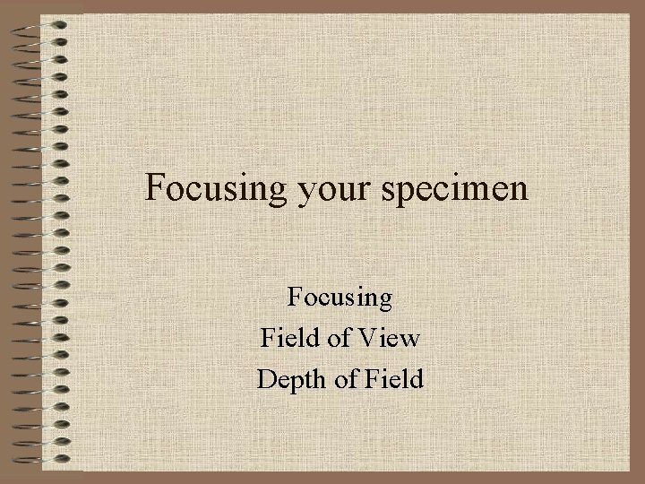 Focusing your specimen Focusing Field of View Depth of Field 