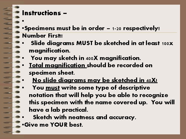 Instructions – • • Specimens must be in order – 1 -20 respectively! Number
