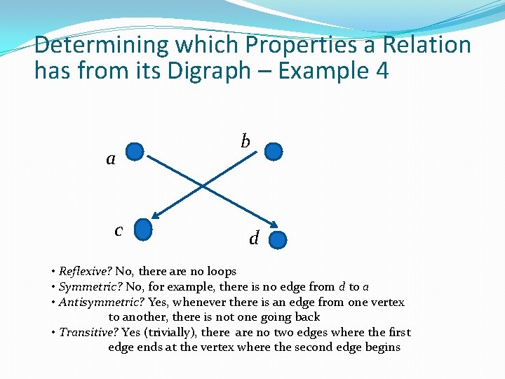 Determining which Properties a Relation has from its Digraph – Example 4 a c