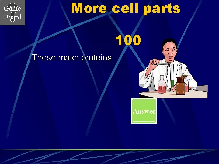 Game Board More cell parts 100 These make proteins. Answer 