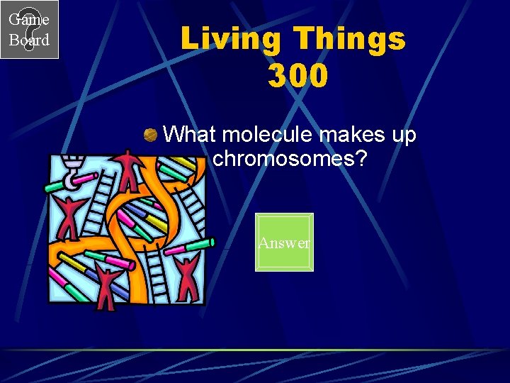 Game Board Living Things 300 What molecule makes up chromosomes? Answer 