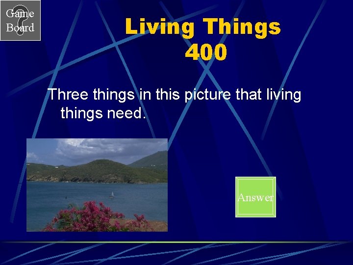 Game Board Living Things 400 Three things in this picture that living things need.
