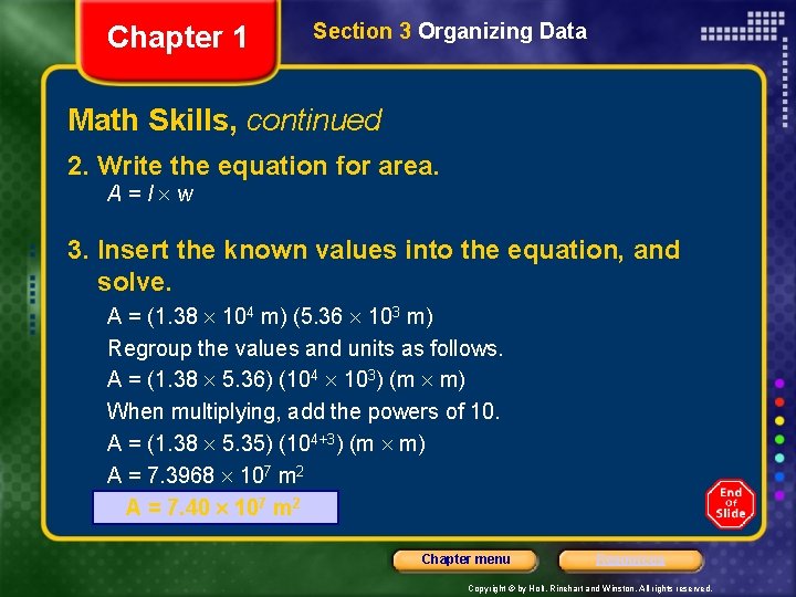 Chapter 1 Section 3 Organizing Data Math Skills, continued 2. Write the equation for