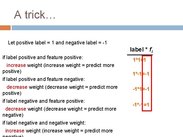 A trick… Let positive label = 1 and negative label = -1 label *