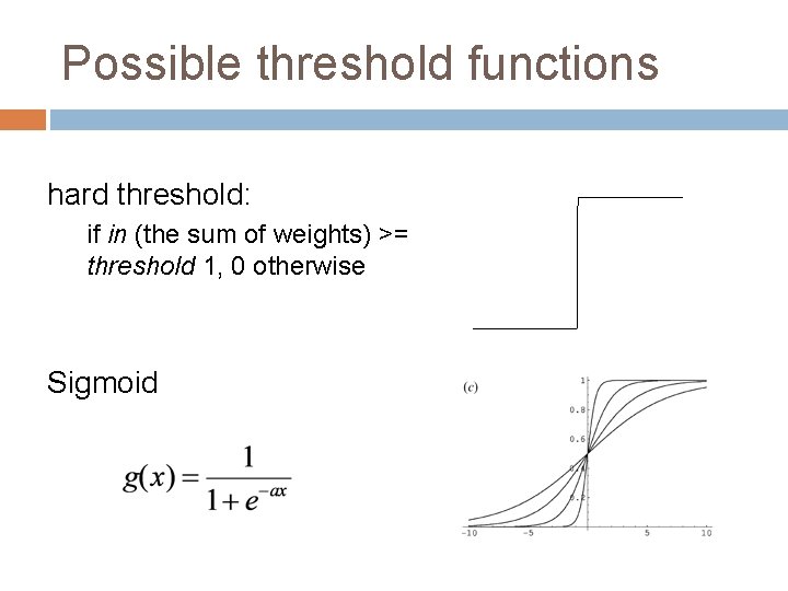 Possible threshold functions hard threshold: if in (the sum of weights) >= threshold 1,