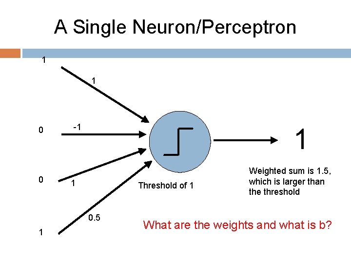 A Single Neuron/Perceptron 1 1 0 0 -1 1 1 Threshold of 1 0.