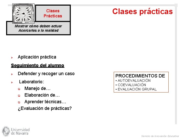 Clases Prácticas Clases prácticas Mostrar cómo deben actuar Acercarles a la realidad Ø Aplicación