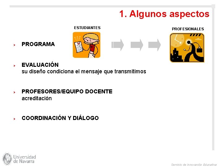 1. Algunos aspectos ESTUDIANTES Ø Ø PROFESIONALES PROGRAMA EVALUACIÓN su diseño condiciona el mensaje