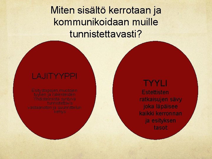 Miten sisältö kerrotaan ja kommunikoidaan muille tunnistettavasti? LAJITYYPPI Esitystapojen, muotojen tyylien ja rakenteiden Yhdistelmistä Miten sisältö kerrotaan ja kommunikoidaan muille tunnistettavasti? LAJITYYPPI Esitystapojen, muotojen tyylien ja rakenteiden Yhdistelmistä