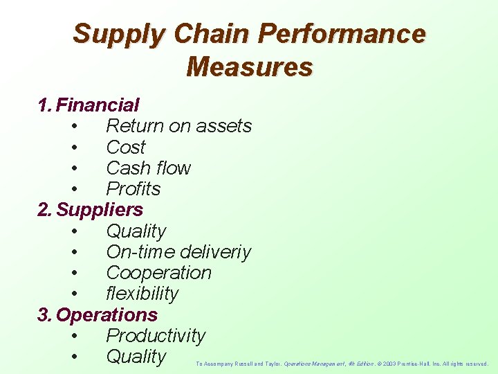 Supply Chain Performance Measures 1. Financial • Return on assets • Cost • Cash