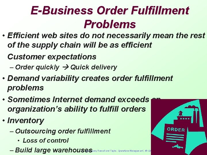 E-Business Order Fulfillment Problems • Efficient web sites do not necessarily mean the rest