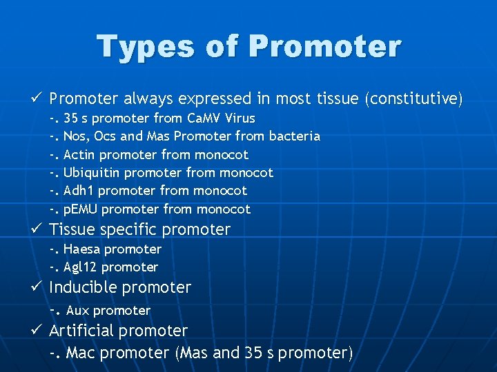 Types of Promoter ü Promoter always expressed in most tissue (constitutive) -. 35 s