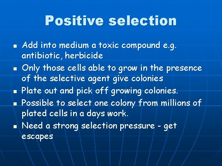 Positive selection n n Add into medium a toxic compound e. g. antibiotic, herbicide