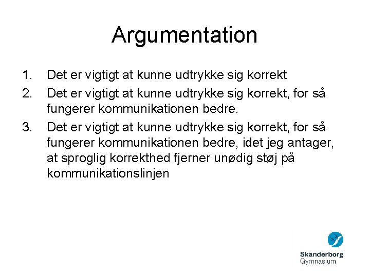 Argumentation 1. 2. 3. Det er vigtigt at kunne udtrykke sig korrekt, for så