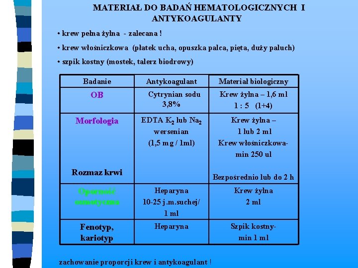  MATERIAŁ DO BADAŃ HEMATOLOGICZNYCH I ANTYKOAGULANTY • krew pełna żylna - zalecana !