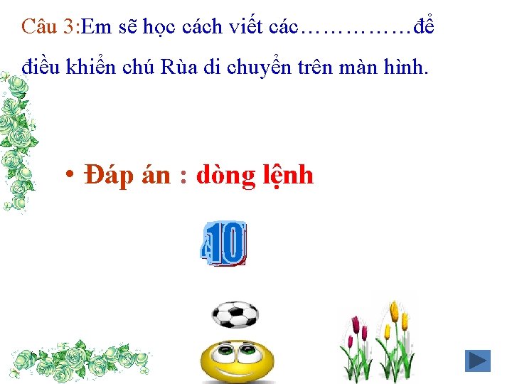 Câu 3: Em sẽ học cách viết các……………để điều khiển chú Rùa di chuyển