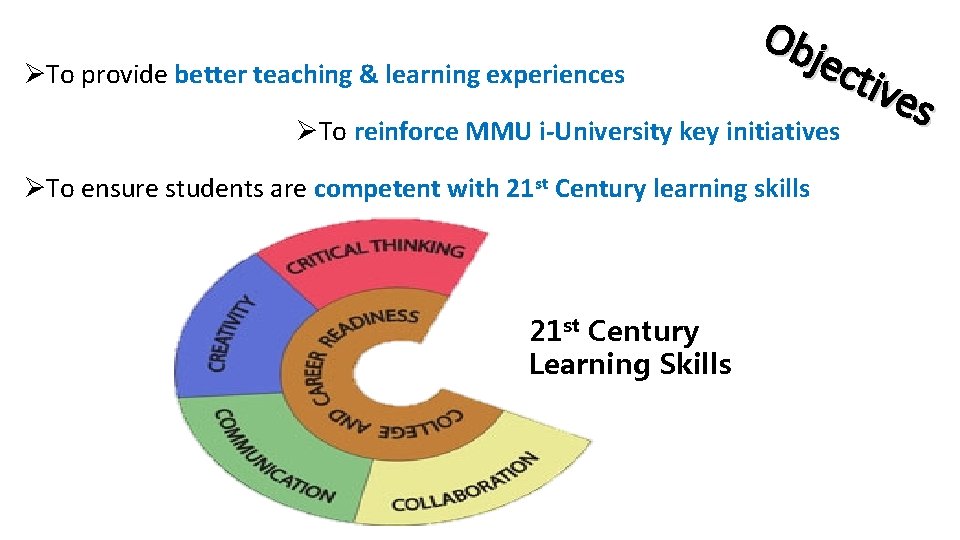 ØTo provide better teaching & learning experiences Ob jec tive s ØTo reinforce MMU