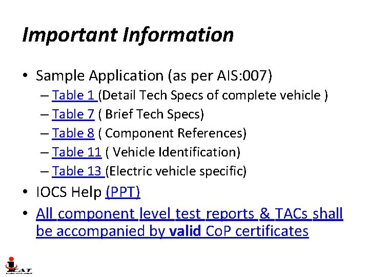 Important Information • Sample Application (as per AIS: 007) – Table 1 (Detail Tech Important Information • Sample Application (as per AIS: 007) – Table 1 (Detail Tech