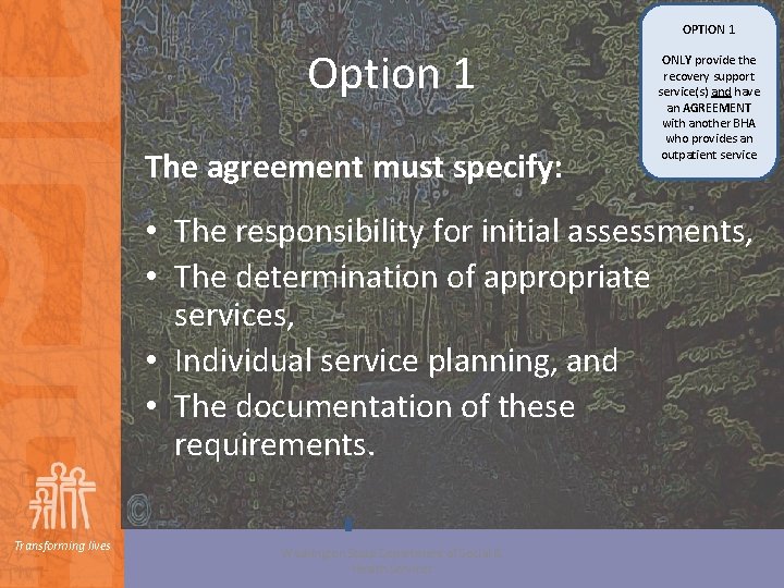 OPTION 1 Option 1 The agreement must specify: ONLY provide the recovery support service(s)