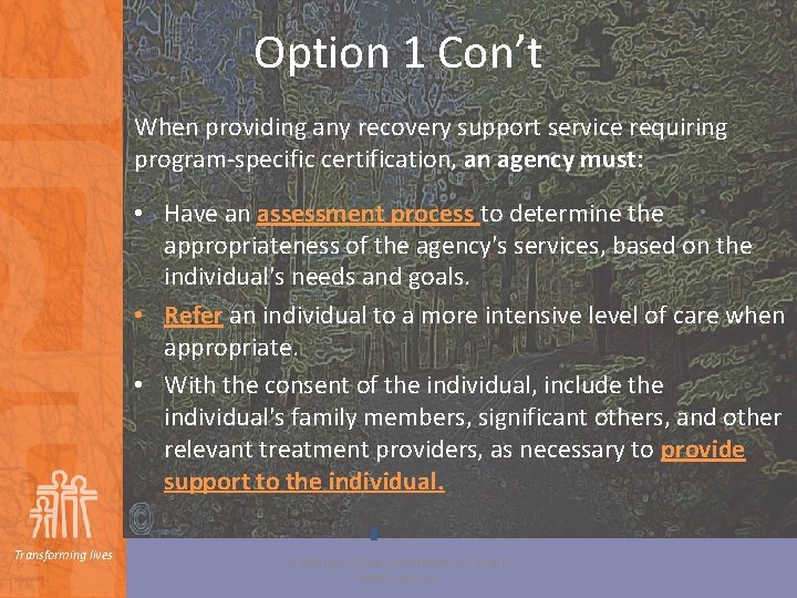 Option 1 Con’t When providing any recovery support service requiring program-specific certification, an agency