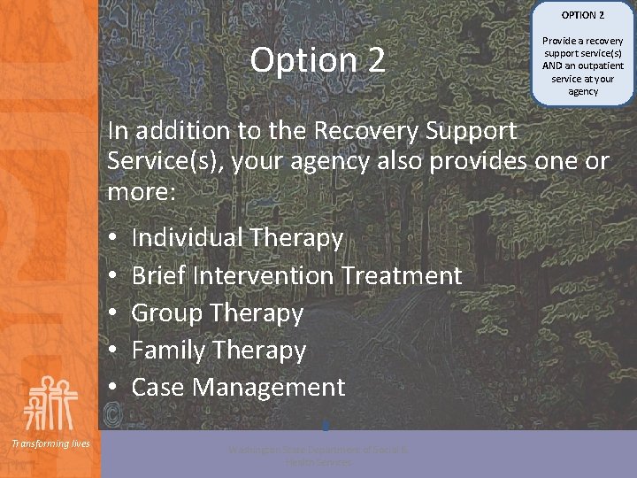 OPTION 2 Option 2 Provide a recovery support service(s) AND an outpatient service at