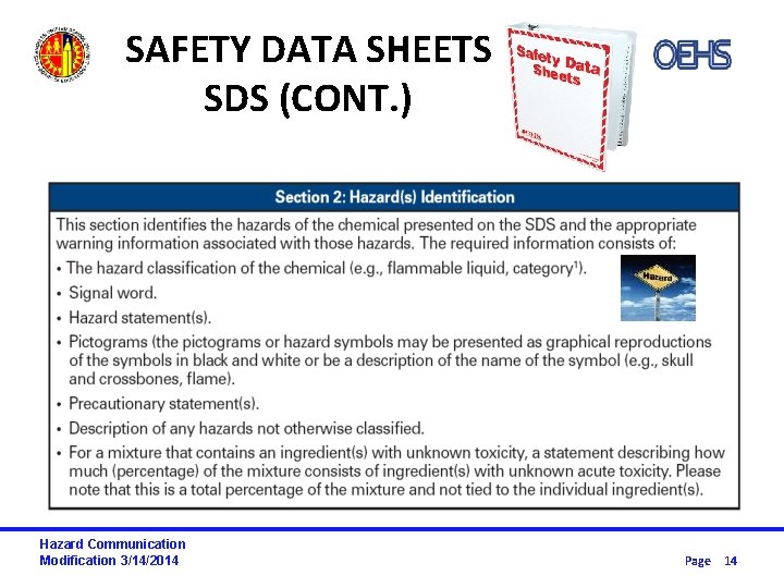 SAFETY DATA SHEETS SDS (CONT. ) Hazard Communication Modification 3/14/2014 Page 14 