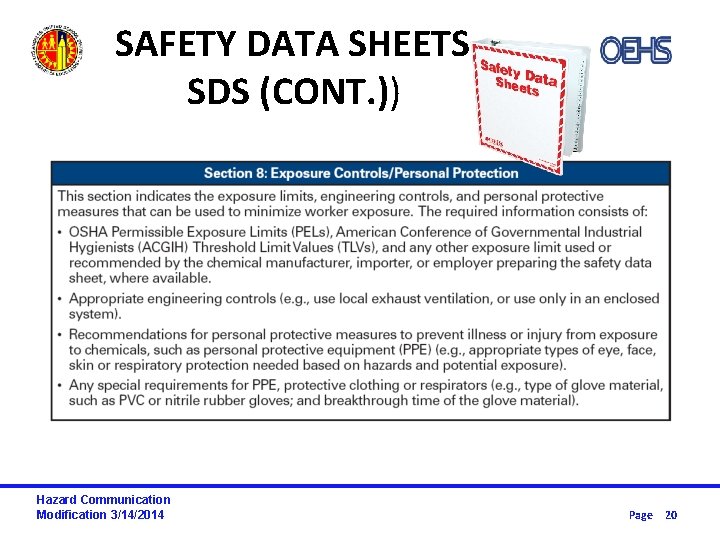 SAFETY DATA SHEETS SDS (CONT. )) Hazard Communication Modification 3/14/2014 Page 20 