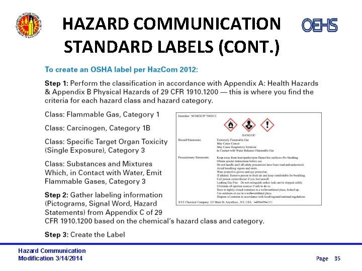 HAZARD COMMUNICATION STANDARD LABELS (CONT. ) Hazard Communication Modification 3/14/2014 Page 35 
