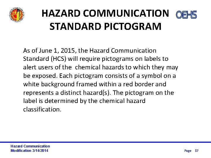 HAZARD COMMUNICATION STANDARD PICTOGRAM As of June 1, 2015, the Hazard Communication Standard (HCS)