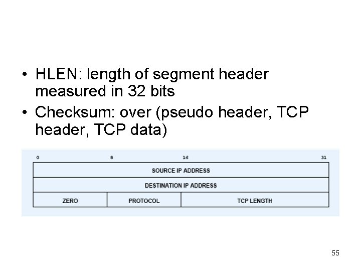  • HLEN: length of segment header measured in 32 bits • Checksum: over