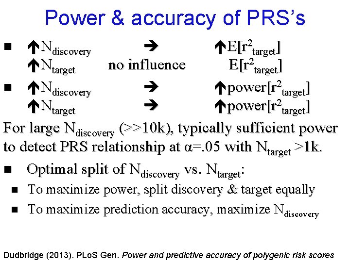 Power & accuracy of PRS’s Ndiscovery E[r 2 target] Ntarget no influence E[r 2