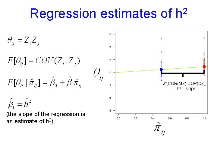 Regression estimates of 2 h 2*[COR(MZ)-COR(DZ)] = h 2 = slope (the slope of