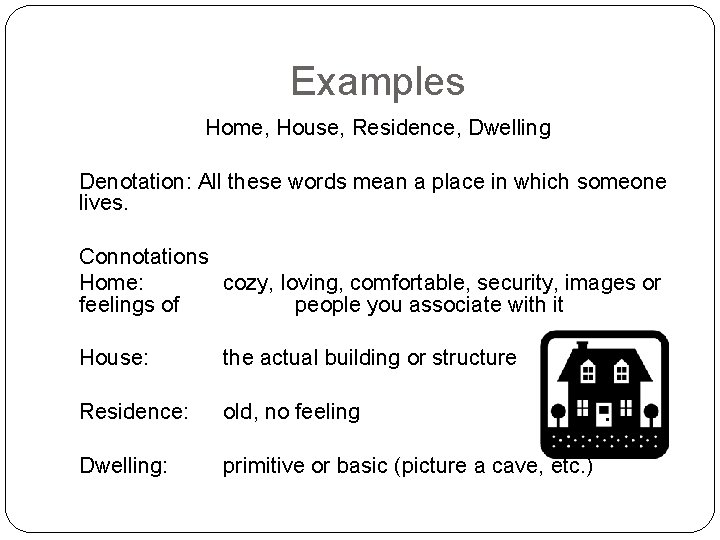 Examples Home, House, Residence, Dwelling Denotation: All these words mean a place in which