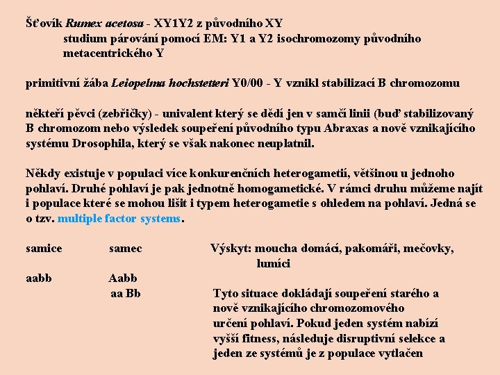 Šťovík Rumex acetosa - XY 1 Y 2 z původního XY studium párování pomocí