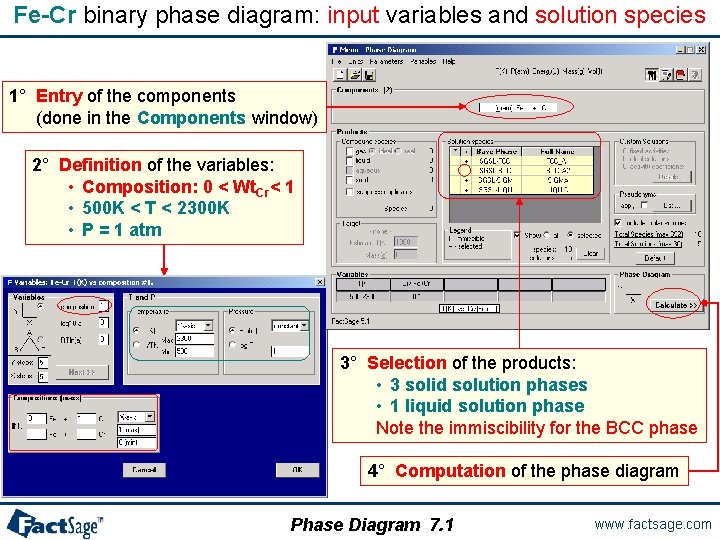 Fe-Cr binary phase diagram: input variables and solution species 1° Entry of the components