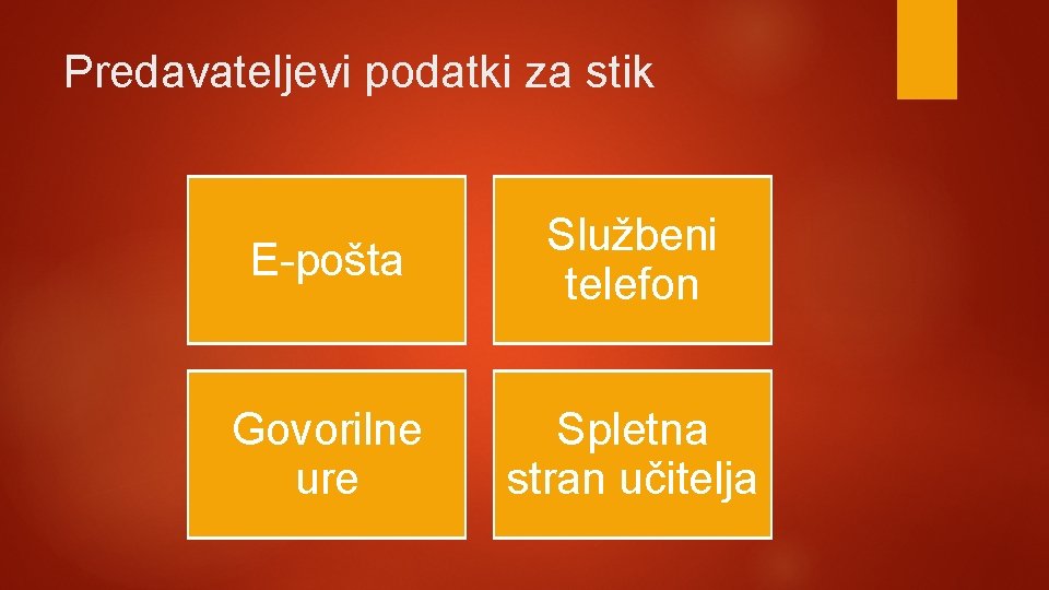 Predavateljevi podatki za stik E-pošta Službeni telefon Govorilne ure Spletna stran učitelja 