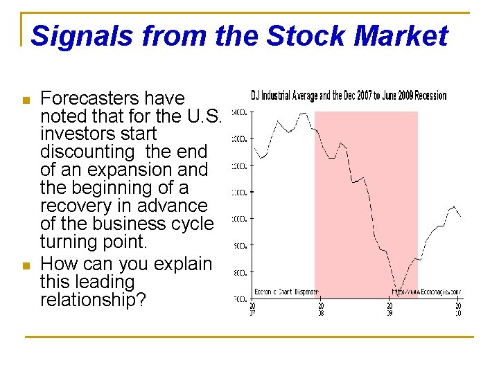 Signals from the Stock Market n n Forecasters have noted that for the U.