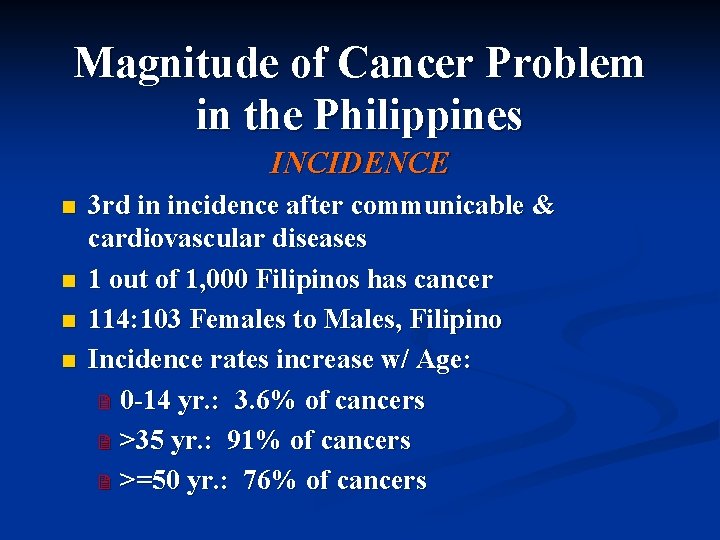 Magnitude of Cancer Problem in the Philippines INCIDENCE n n 3 rd in incidence