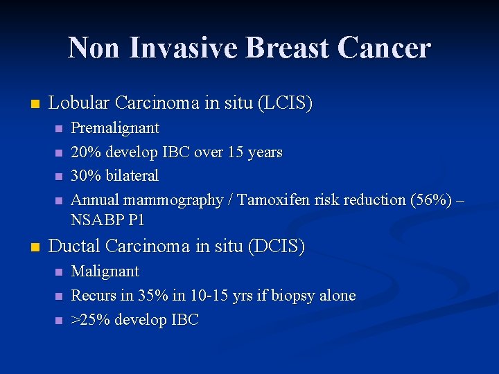 Non Invasive Breast Cancer n Lobular Carcinoma in situ (LCIS) n n n Premalignant