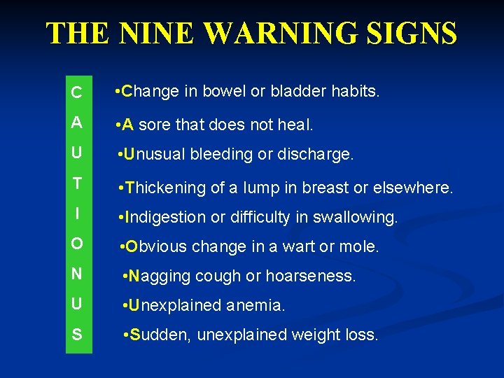 THE NINE WARNING SIGNS C • Change in bowel or bladder habits. A •