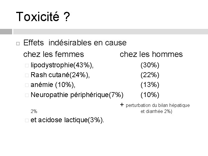 Toxicité ? Effets indésirables en cause chez les femmes chez les hommes � lipodystrophie(43%),