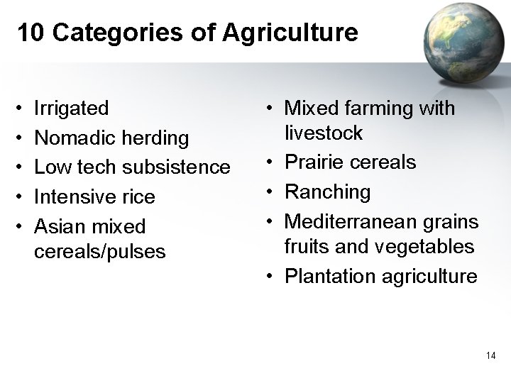 10 Categories of Agriculture • • • Irrigated Nomadic herding Low tech subsistence Intensive