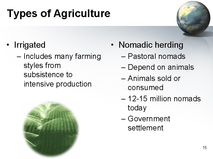 Types of Agriculture • Irrigated – Includes many farming styles from subsistence to intensive