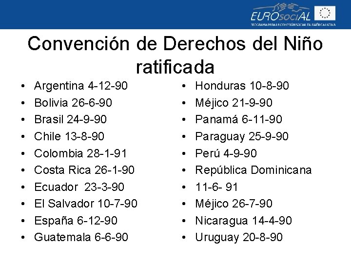 Convención de Derechos del Niño ratificada • • • Argentina 4 -12 -90 Bolivia