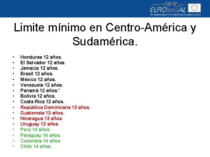 Limite mínimo en Centro-América y Sudamérica. • • • • • Honduras 12 años.