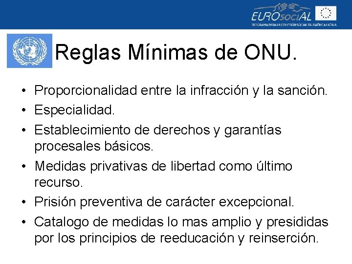 Reglas Mínimas de ONU. • Proporcionalidad entre la infracción y la sanción. • Especialidad.