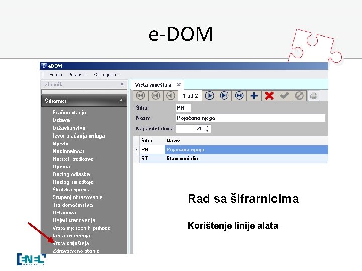 e-DOM Rad sa šifrarnicima Korištenje linije alata 