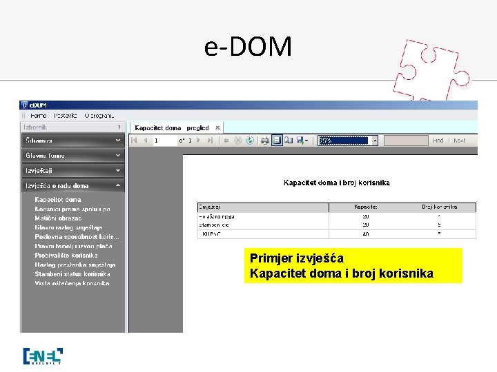 e-DOM Primjer izvješća Kapacitet doma i broj korisnika 